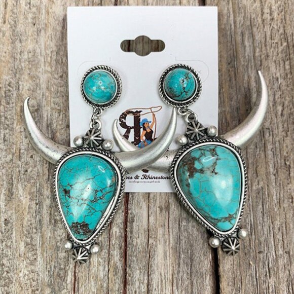 Turquoise Bull Head Earrings - Picture 2 of 3